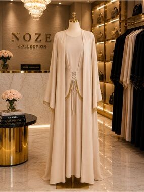 Elegant Beige Abaya with Gold Trim